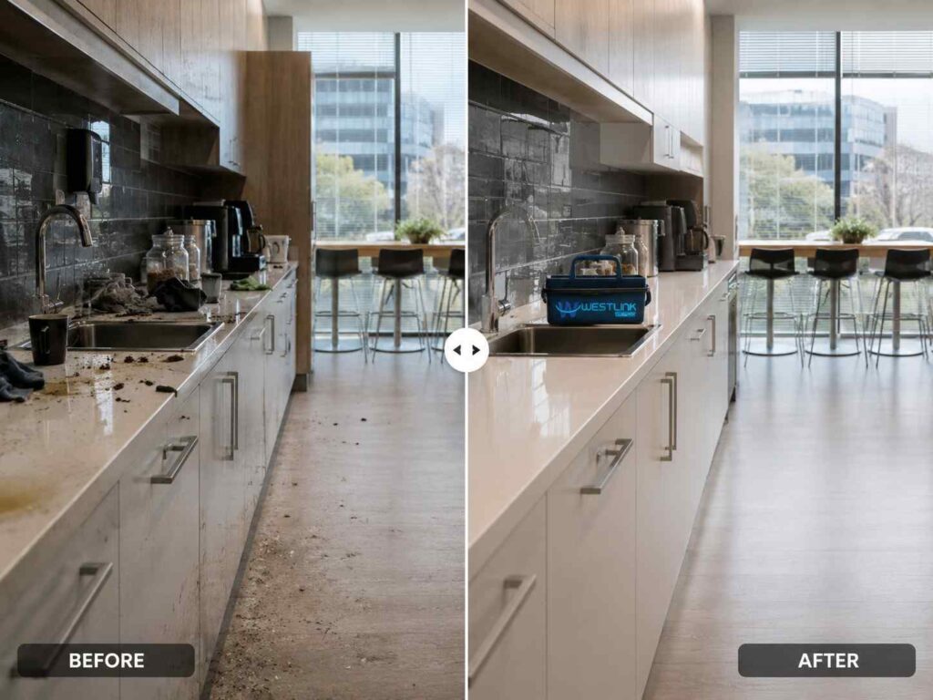 Before and after kitchen cleaning transformation showing a dirty commercial kitchen area restored to a clean and organised space