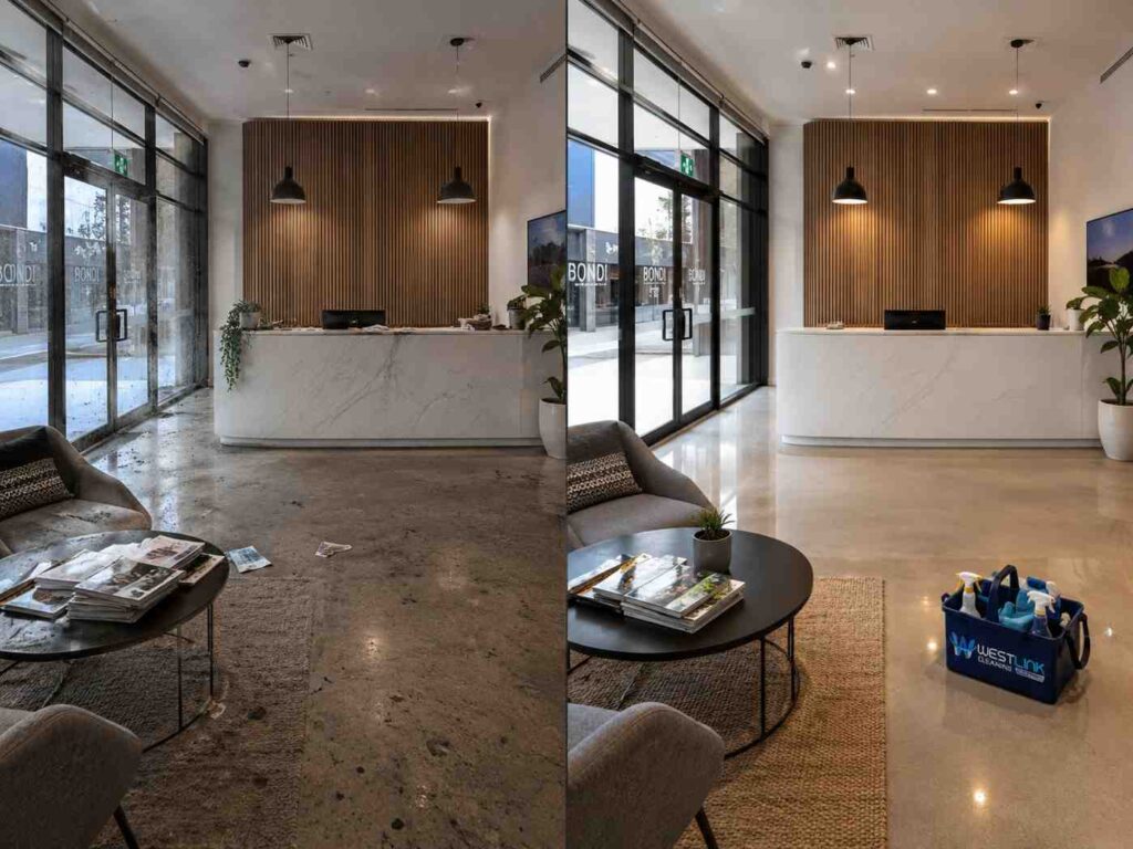 Before and after office reception cleaning showing a dirty lobby transformed into a clean professional workspace