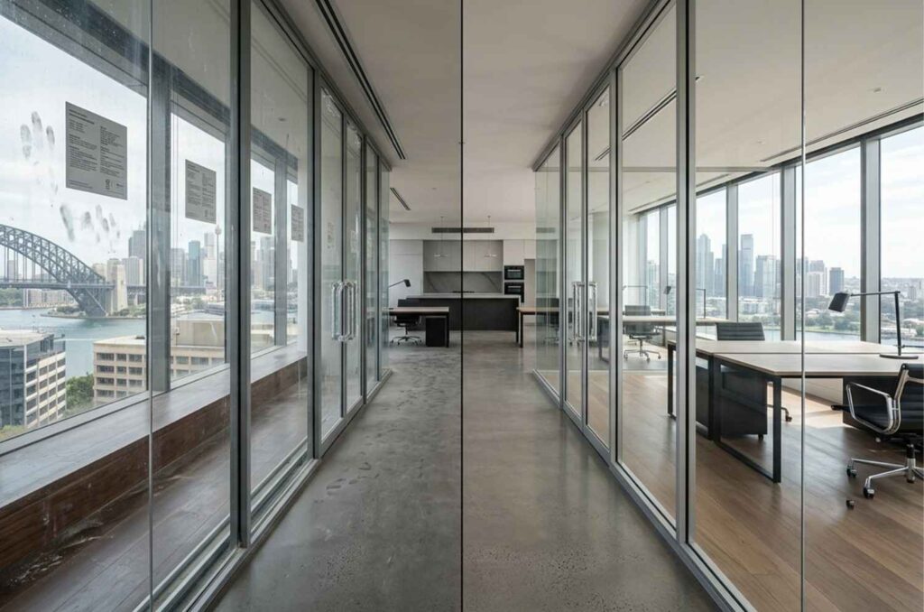 Before and after comparison of commercial office windows showing professional glass cleaning results.