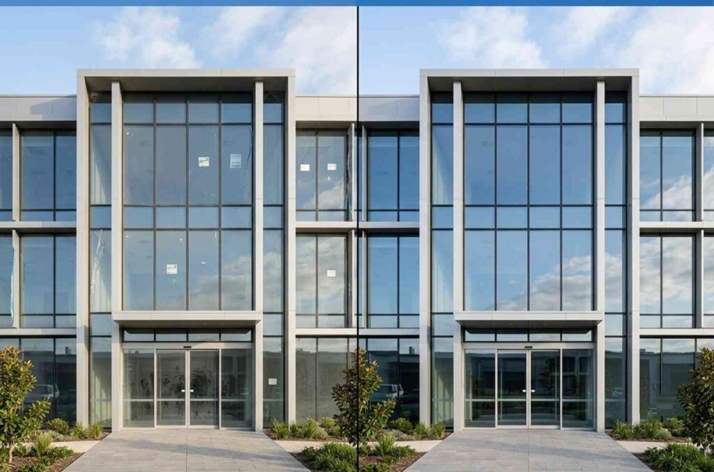 Before-and-after cleaning of a modern commercial glass building entrance.