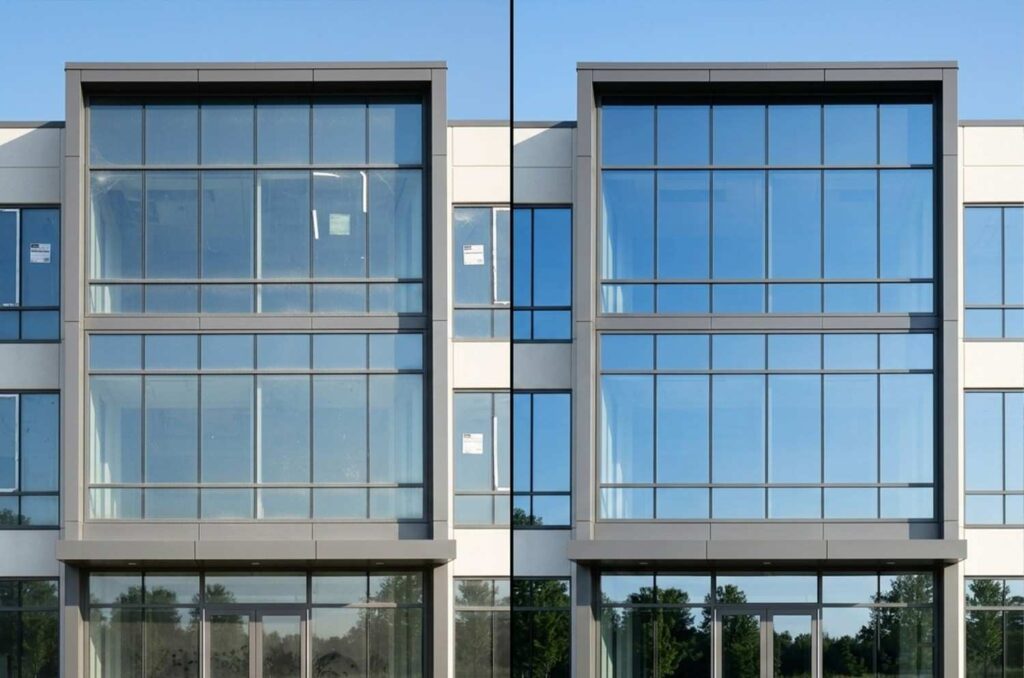 Before and after exterior commercial window cleaning showing restored clear glass façade.