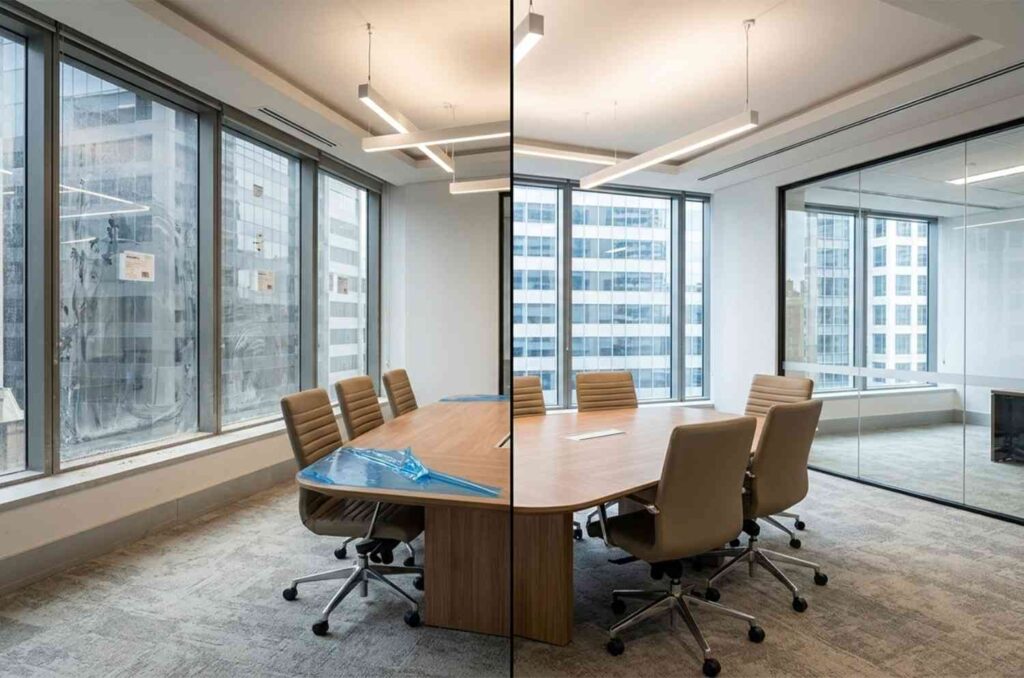 Before-and-after commercial window cleaning in a modern office meeting room.