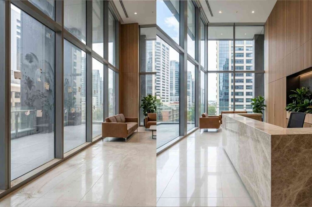 Before-and-after cleaning of glass and tiled floors in a commercial reception area.