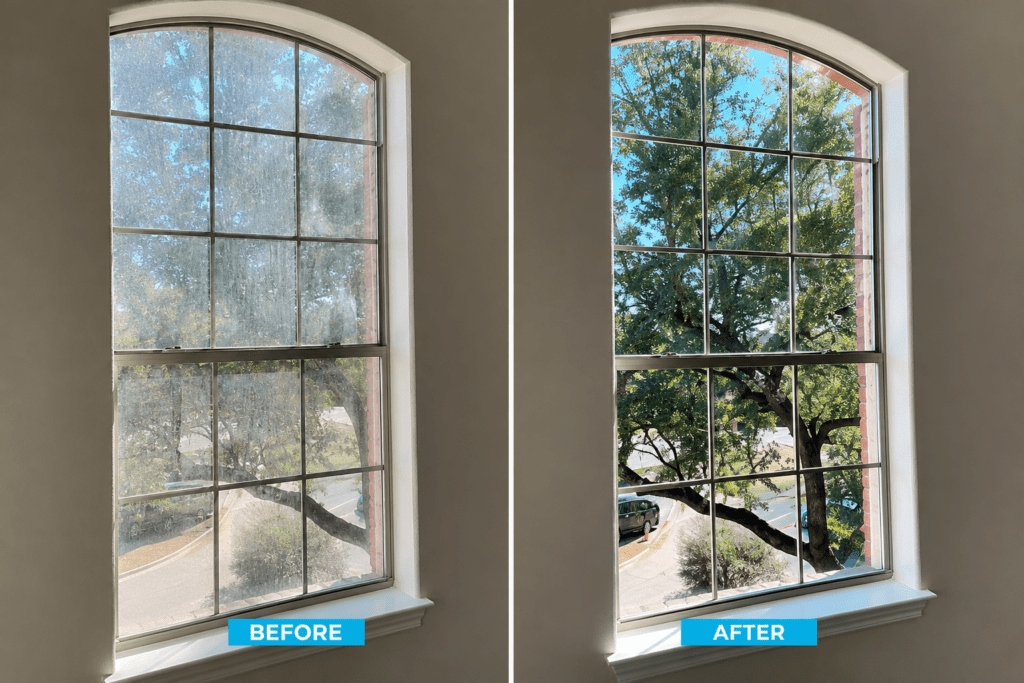 Before and after comparison of an arched interior window, showing dusty, streaked glass transformed into a clean, clear view of the trees outside.