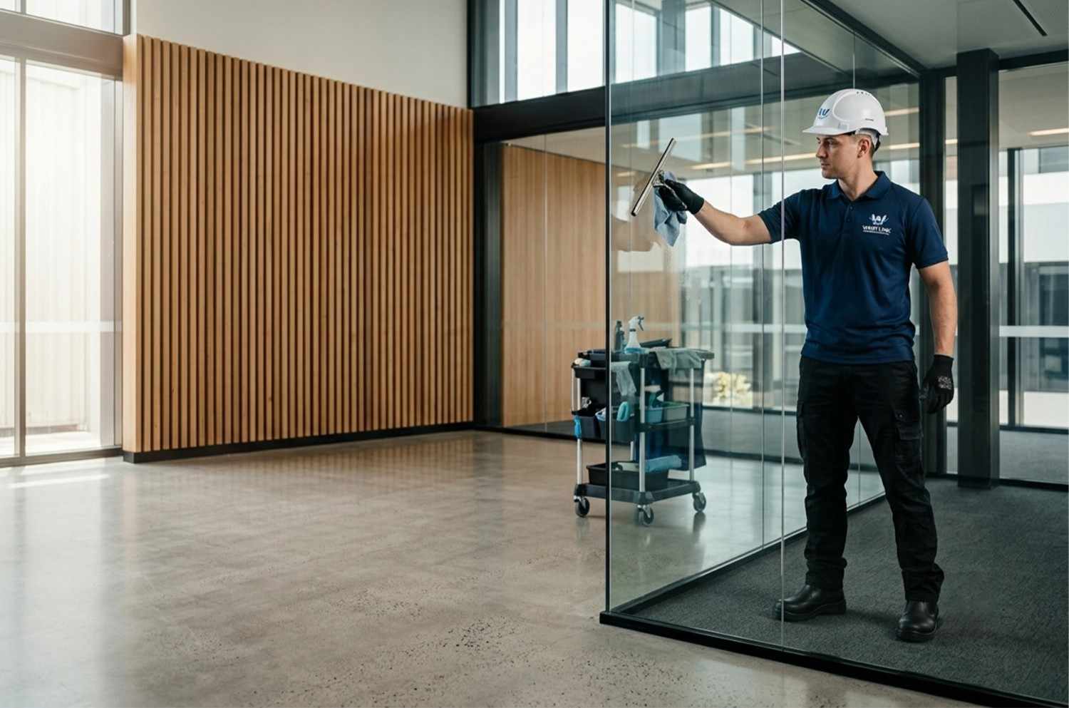 Professional cleaner using squeegee to clean interior office glass partitions.