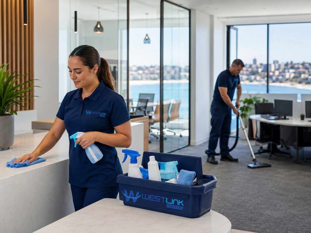 Westlink Cleaning Services team performing professional commercial office cleaning in a modern waterfront office