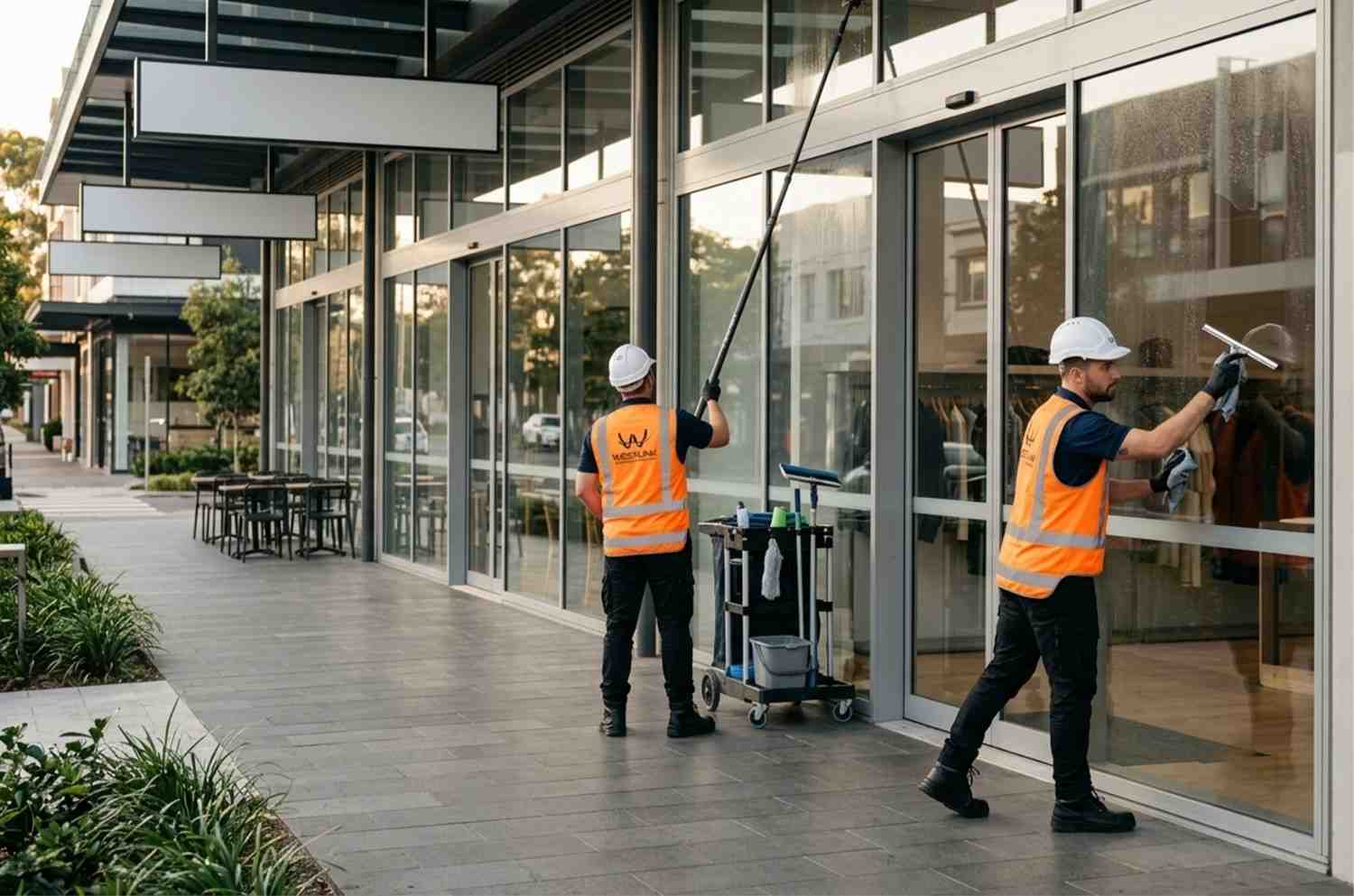 Commercial window cleaners using extension poles and squeegees to clean shopfront glass windows.