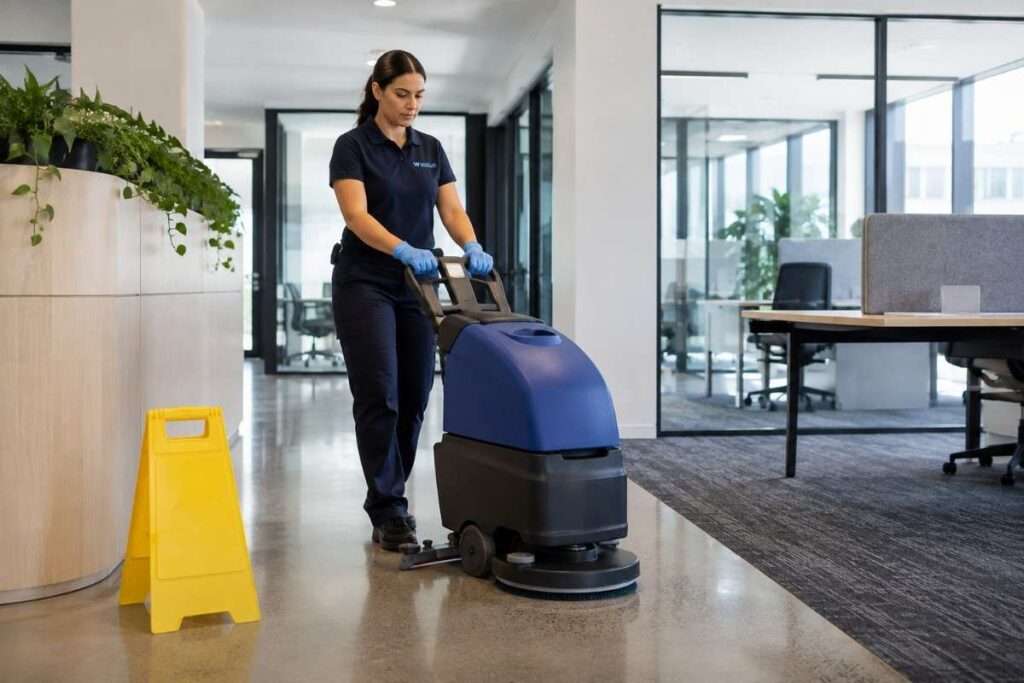 Thoroughly cleaning the floor using a specialised floor cleaning machine designed for efficient dirt and stain removal.