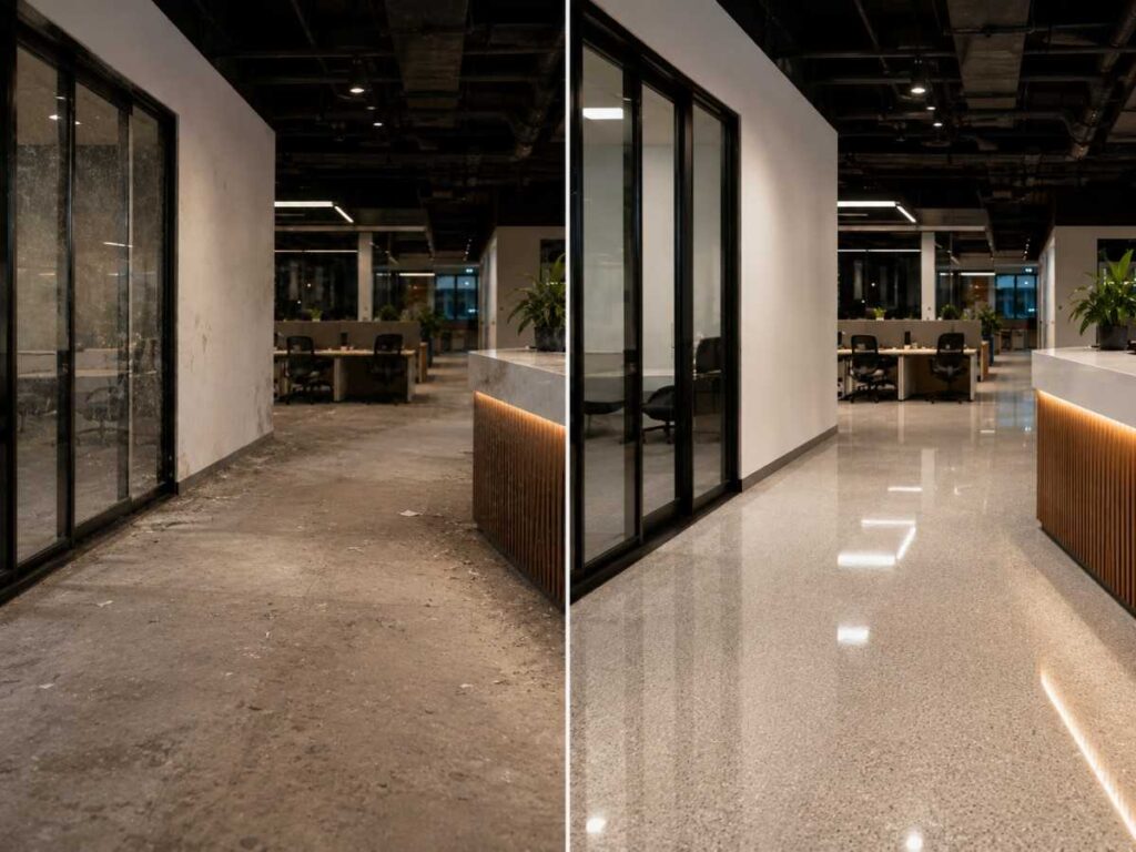 Before-and-after view of a commercial office corridor, showing a dull, dirty floor beside a clean, highly polished finish.