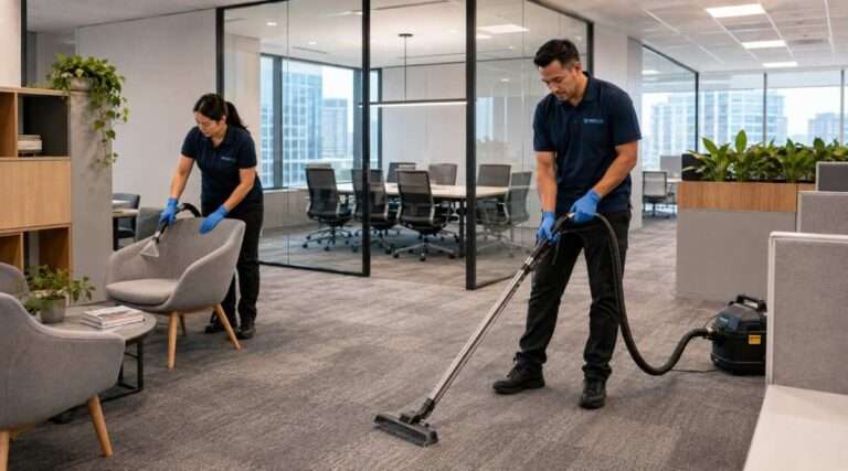 Commercial cleaners steam cleaning office carpet and upholstered chairs in a modern workplace.