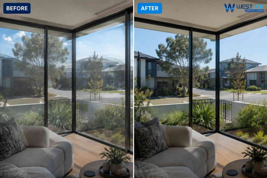Before and after window cleaning in a modern Australian home with clearer glass and improved views.