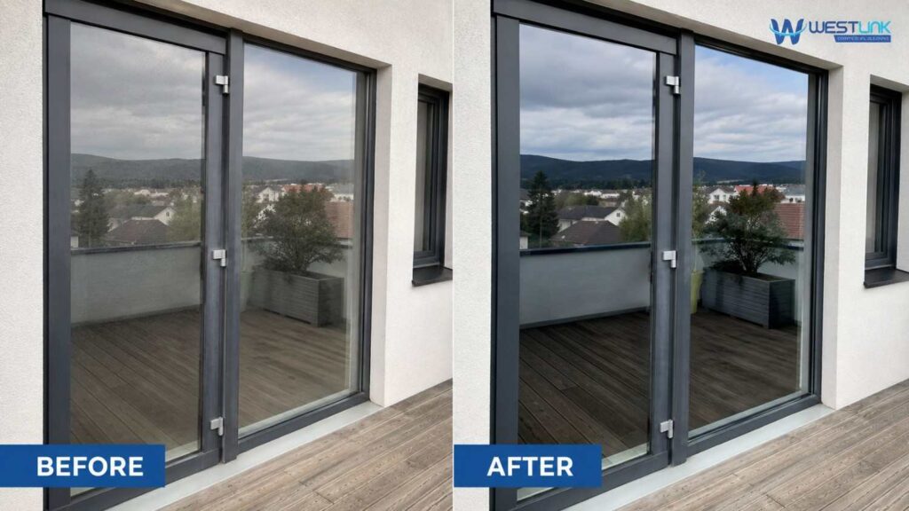 Before and after glass cleaning at a commercial building entrance.