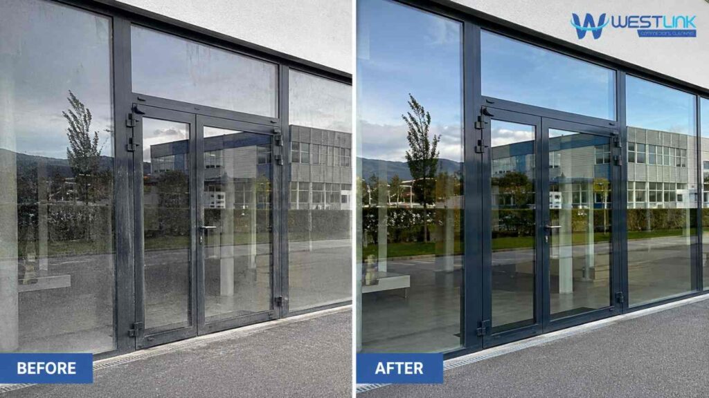 Before and after glass cleaning at a commercial building entrance.