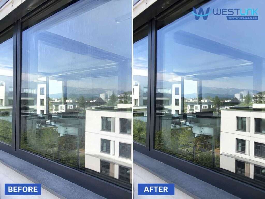 Before and after comparison of a professionally cleaned glass window with a clearer view and polished surface.