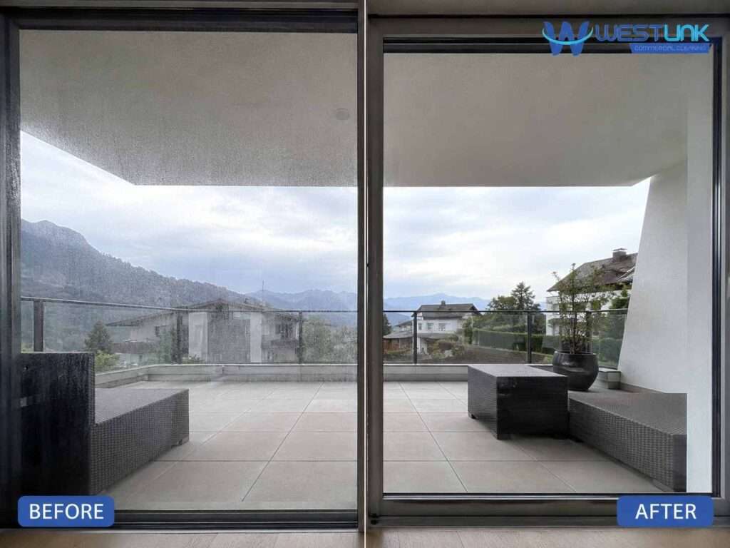 Before and after professional glass door cleaning showing a slightly dirty surface transformed into a clearer, cleaner glass view.