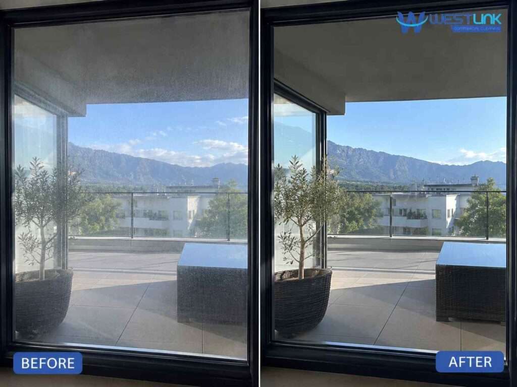 Before and after window cleaning showing a clearer glass window with improved outdoor visibility.