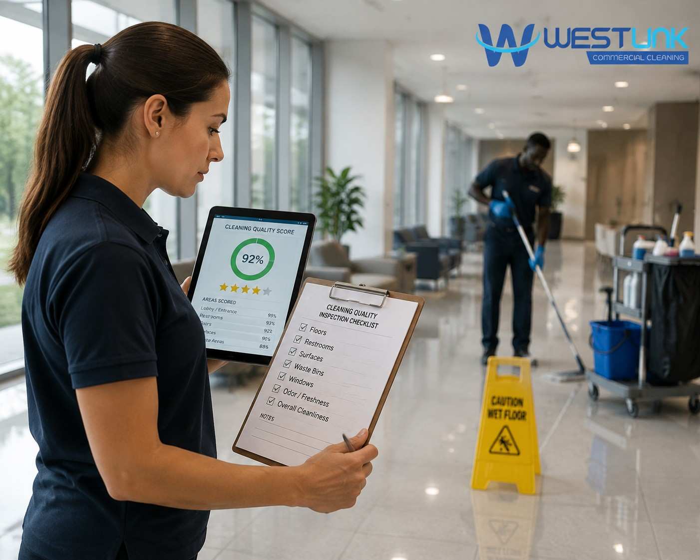 Facility manager reviewing a cleaning quality checklist and digital cleaning score assessment in a modern office lobby to measure commercial cleaning performance.