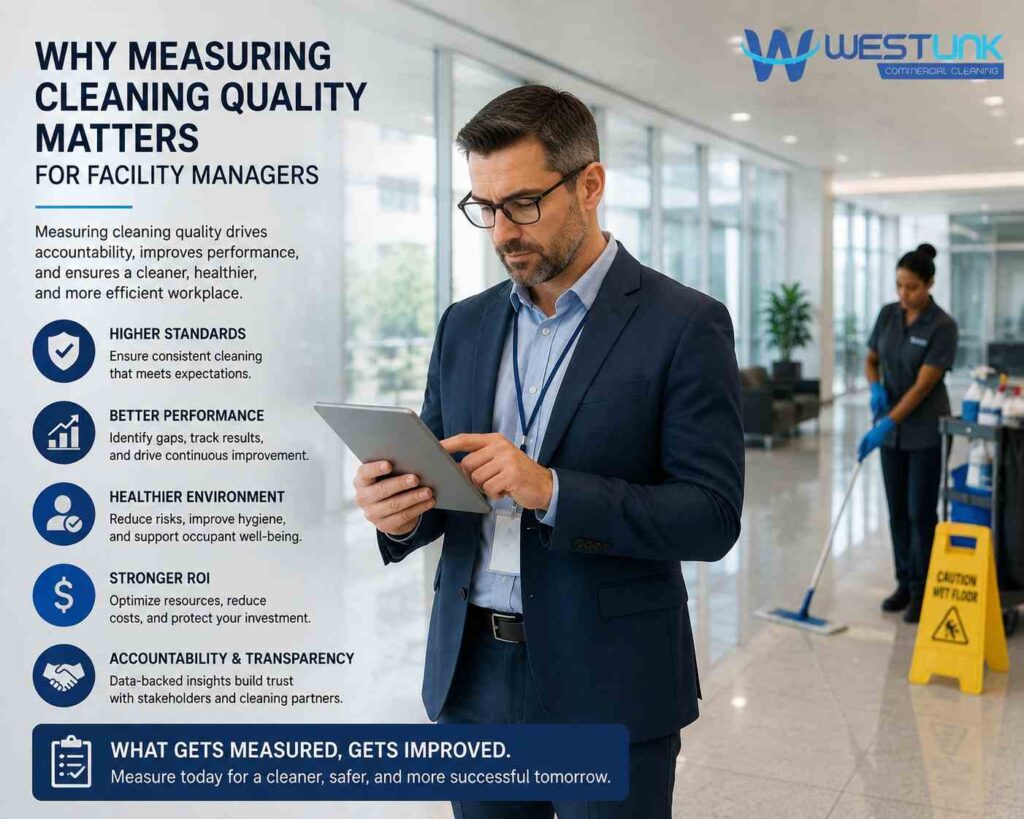 Facility manager checking cleaning quality metrics in a modern office with a commercial cleaner in the background.