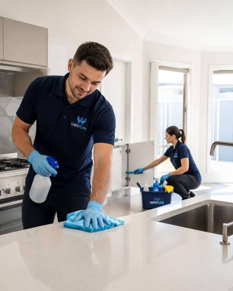 Westlink Commercial Cleaning Service cleaners wiping benches and cupboards in a bright rental kitchen during an end of lease clean in Liverpool NSW.