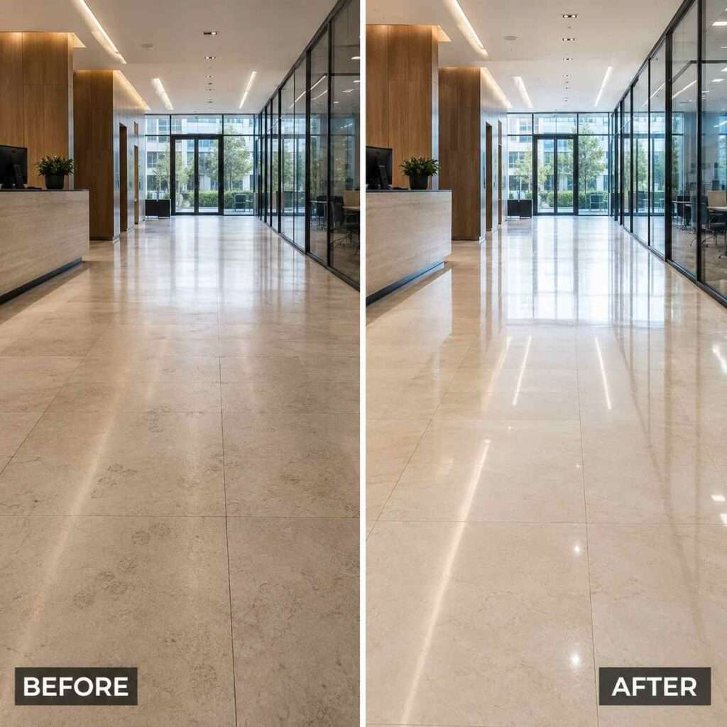 Before and after image of commercial floor cleaning in a modern office lobby, showing lightly marked tile flooring before cleaning and a polished, shinier floor after professional cleaning.