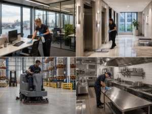 Workers cleaning office, warehouse, and kitchen spaces.