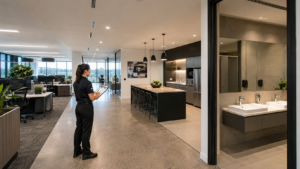 Cleaner assessing different areas that affect commercial cleaning costs.