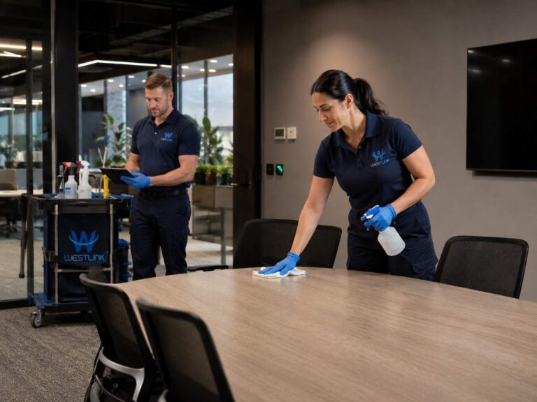 Professional commercial cleaners wiping a meeting table and preparing cleaning equipment in a modern Epping office.