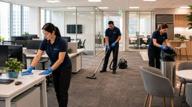 Commercial cleaners wiping desks, vacuuming carpet and cleaning shared areas in a modern open-plan office.