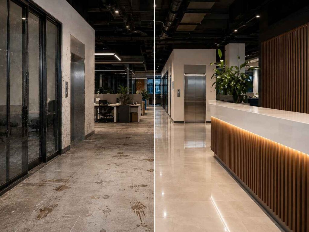 Before-and-after view of a commercial office lobby floor, showing a heavily soiled surface beside a clean, polished finish.