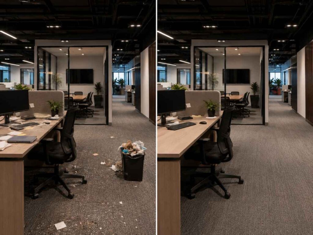 Before-and-after view of an office workspace, showing littered carpet and overflowing waste beside a clean, tidy finish.