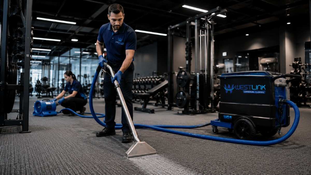 Professional cleaner using commercial carpet extraction equipment to deep clean high-traffic carpet in a modern gym and fitness centre.