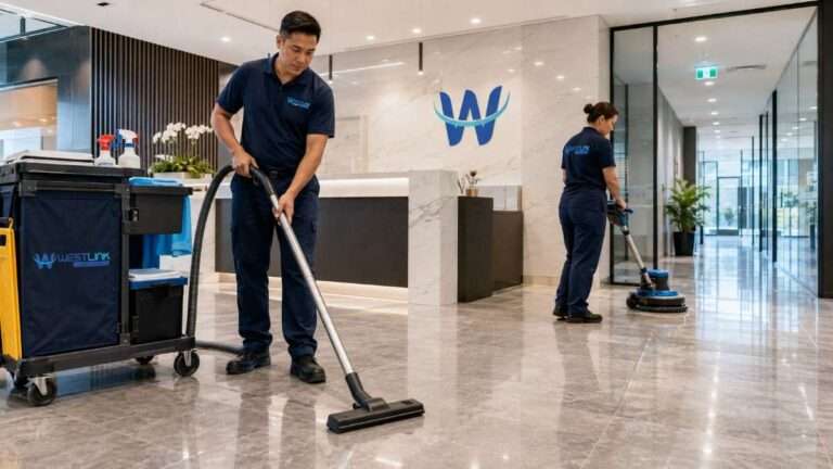 Commercial cleaners vacuuming and maintaining hard floors in a modern office reception and hallway area.