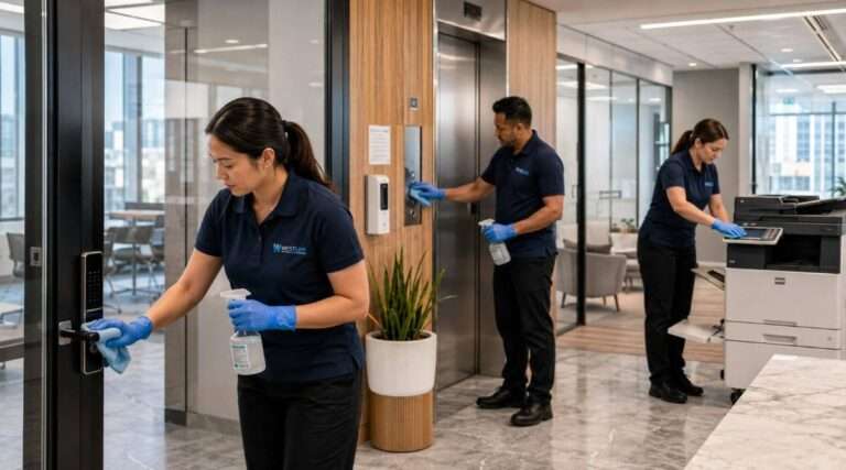 Commercial cleaners disinfecting door handles and shared office surfaces while cleaning a modern workplace.