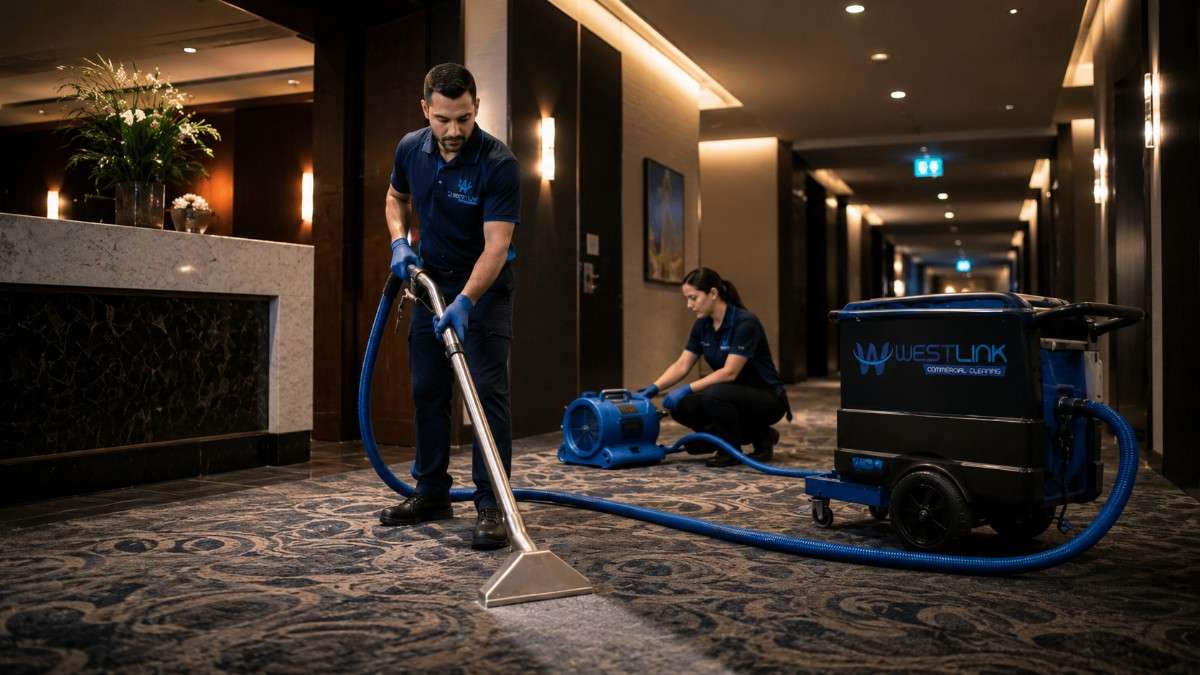 Professional cleaners using commercial carpet extraction equipment to deep clean patterned carpet in a hotel lobby and hospitality area.