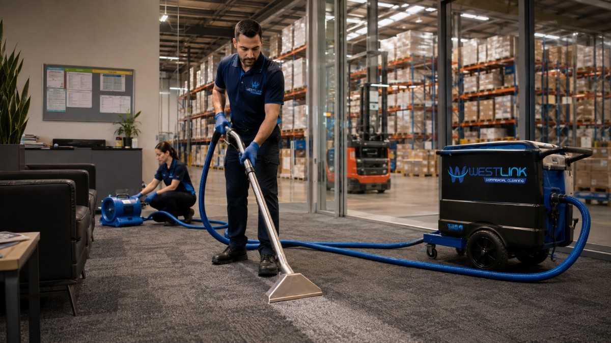Professional cleaner using commercial carpet extraction equipment to deep clean carpet in a warehouse office and industrial facility.