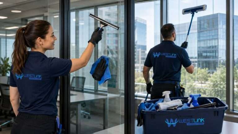 Commercial cleaner using a squeegee to clean office glass windows while another cleaner works beside a window cleaning trolley.