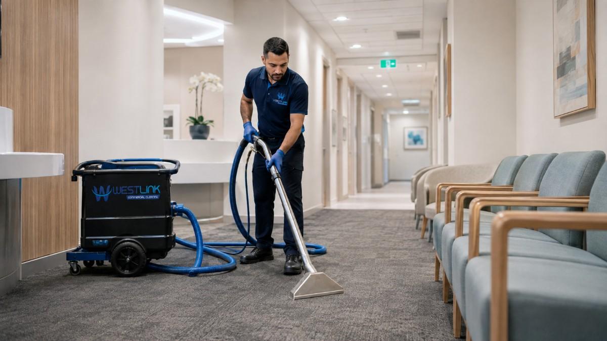 Professional cleaner using commercial carpet extraction equipment to deep clean flooring in a healthcare facility corridor with patient seating.