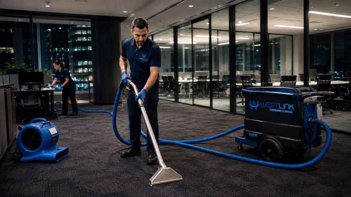 Professional cleaner using commercial carpet extraction equipment to deep clean flooring in a modern corporate office after hours.