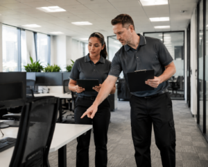 Cleaning supervisor inspecting quality standards in a commercial office.