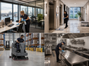 Commercial cleaning services across offices, strata buildings, warehouses, and kitchens.