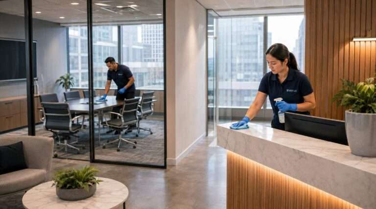 Commercial cleaners wiping a reception counter and cleaning a glass meeting room in a modern office.