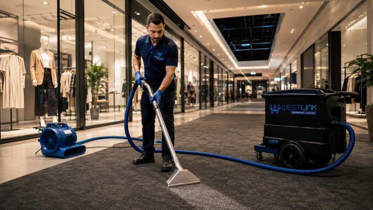Professional cleaner using commercial carpet extraction equipment to deep clean flooring in a shopping centre outside retail stores.