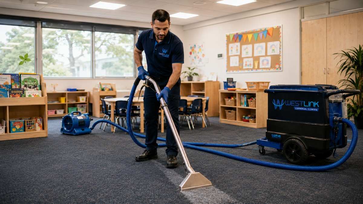 Professional cleaner using commercial carpet extraction equipment to deep clean carpet in a school or childcare classroom.
