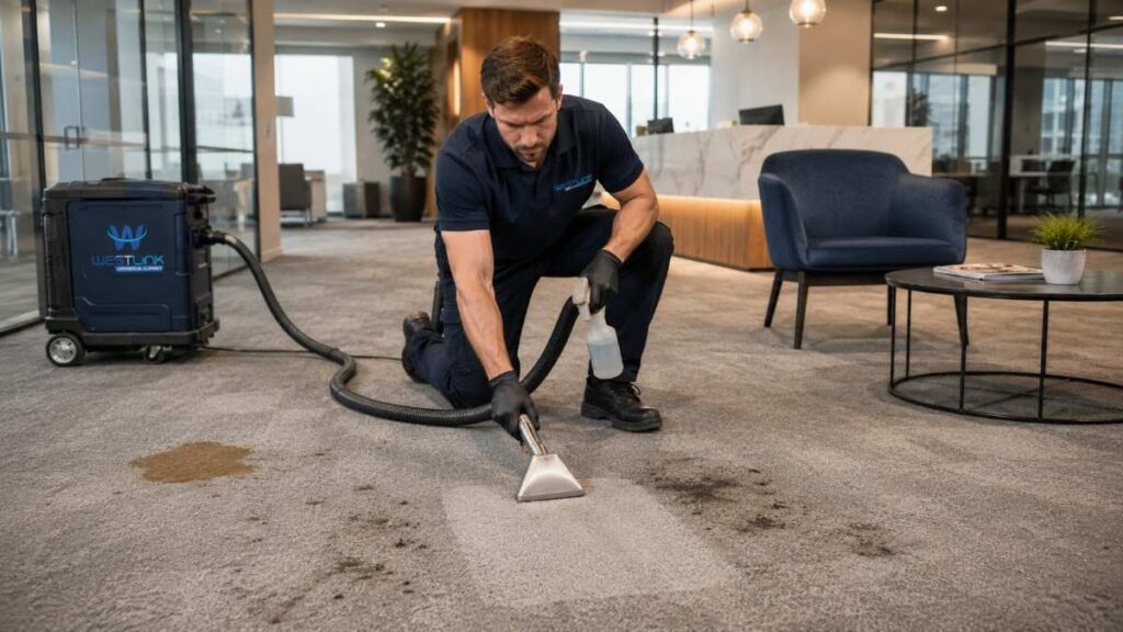 Professional carpet cleaner using extraction equipment to treat heavily stained and soiled carpet in a modern commercial office.