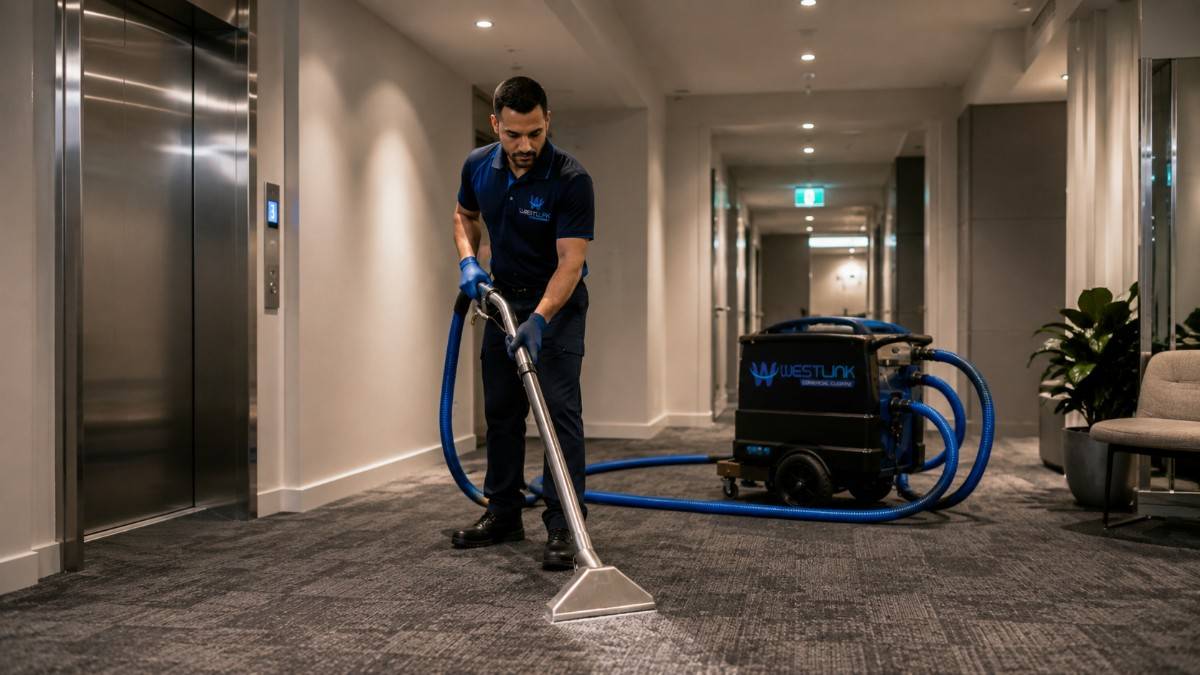Professional cleaner using commercial carpet extraction equipment to deep clean a shared corridor near lifts in a strata or multi-unit building.