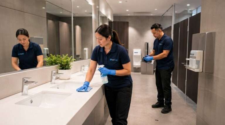Commercial cleaners disinfecting sinks, counters and shared surfaces in a modern office washroom.