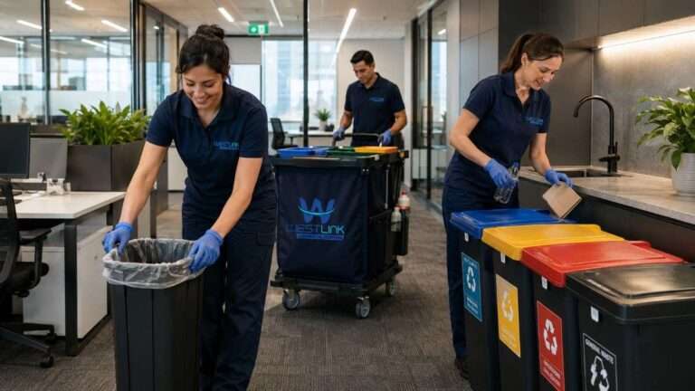 Commercial cleaners emptying waste bins and sorting recycling in a modern office workspace.