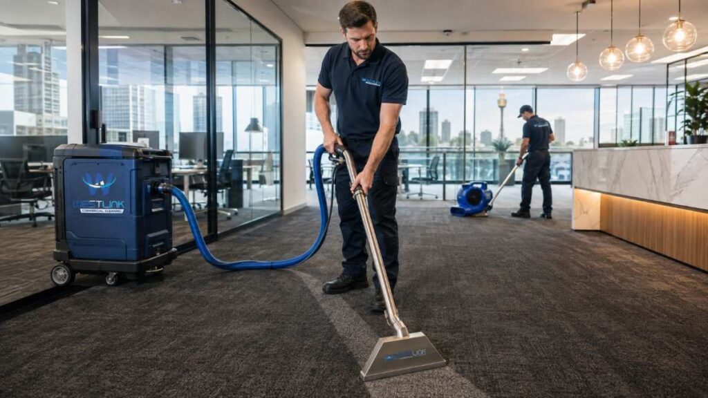 Professional cleaners using carpet extraction equipment to deep clean office carpets in a modern Sydney commercial workspace.