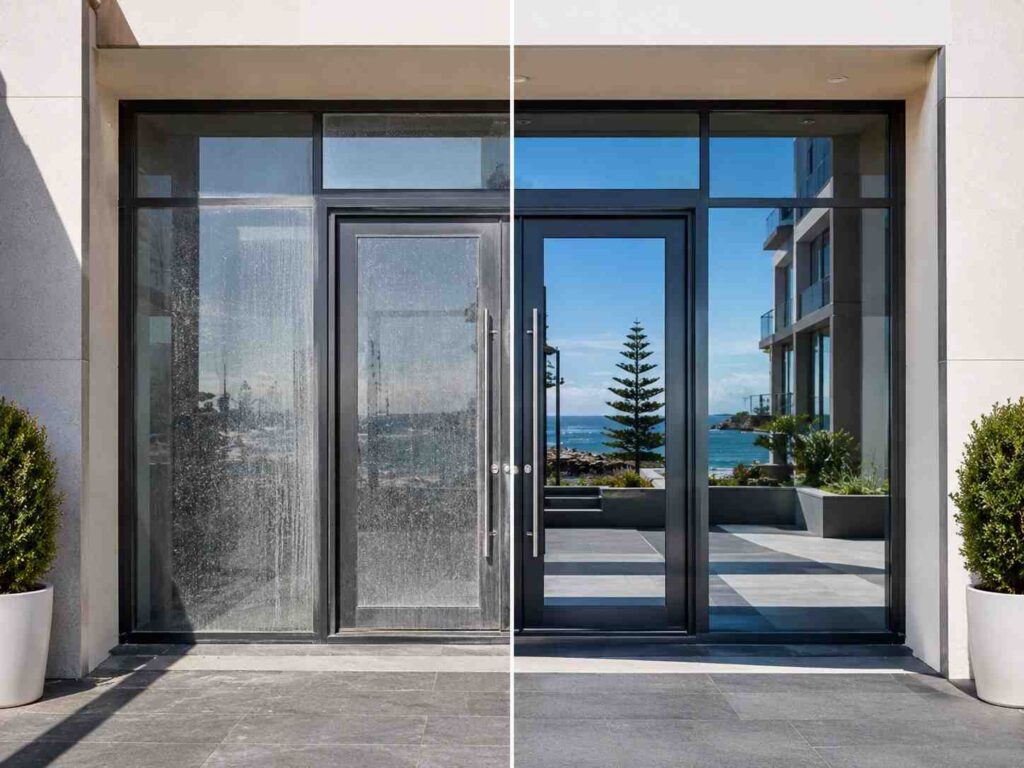 Before-and-after view of commercial glass doors, showing dirty glass beside a clean, streak-free finish.