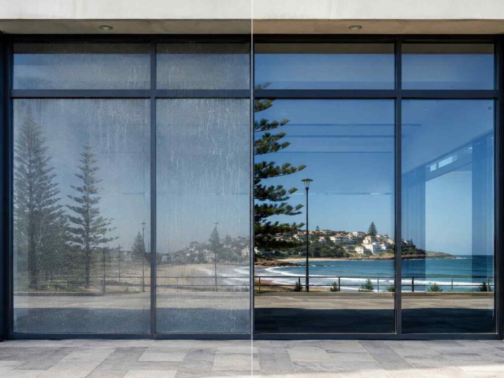 Clean commercial glass windows overlooking a coastal beach and ocean view.